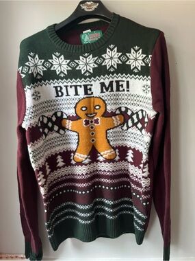 Christmas Men's Maroon & Green Gingerbread 'Bite Me' Holiday Sweater